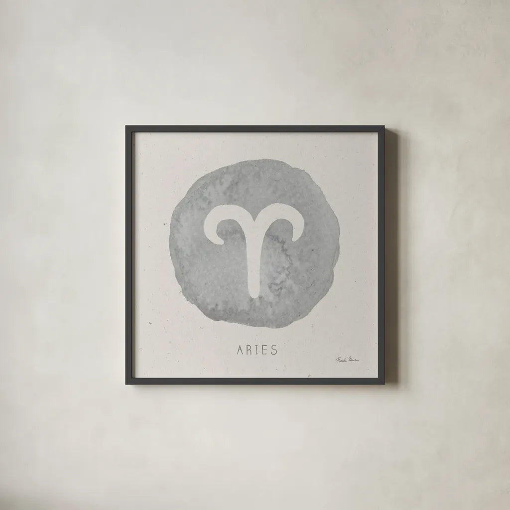 Mystic Zodiac I by Farida Zaman. Shown in a sleek black glass frame for a contemporary gallery look. Available as an archival giclee rolled canvas, fine art paper, or poster print. SKU 73780a.