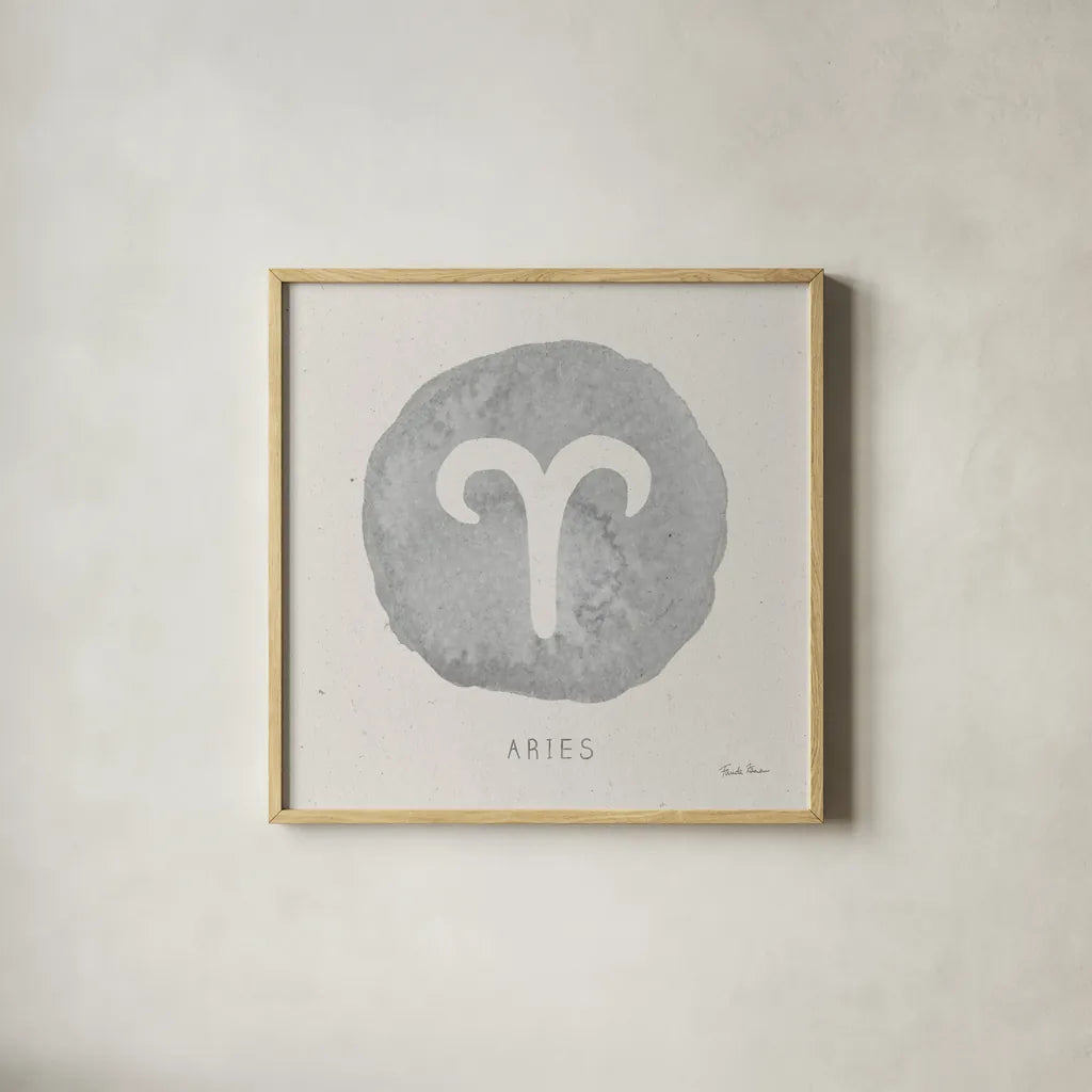 Mystic Zodiac I by Farida Zaman. Shown in a natural wood glass frame for a timeless modern aesthetic. Available as an archival giclee rolled canvas, fine art paper, or poster print. SKU 73780a.