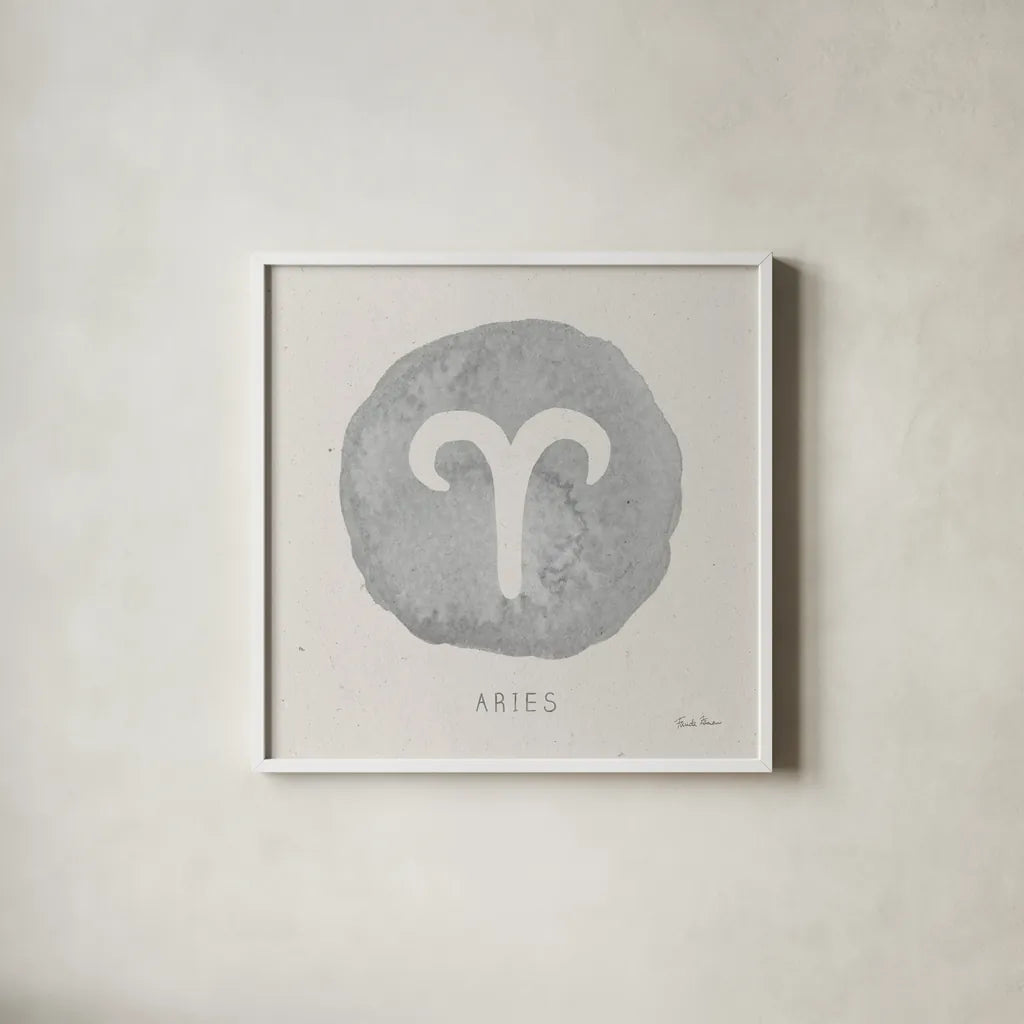 Mystic Zodiac I by Farida Zaman. Shown in a crisp white glass frame for a clean and minimalist style. Available as an archival giclee rolled canvas, fine art paper, or poster print. SKU 73780a.