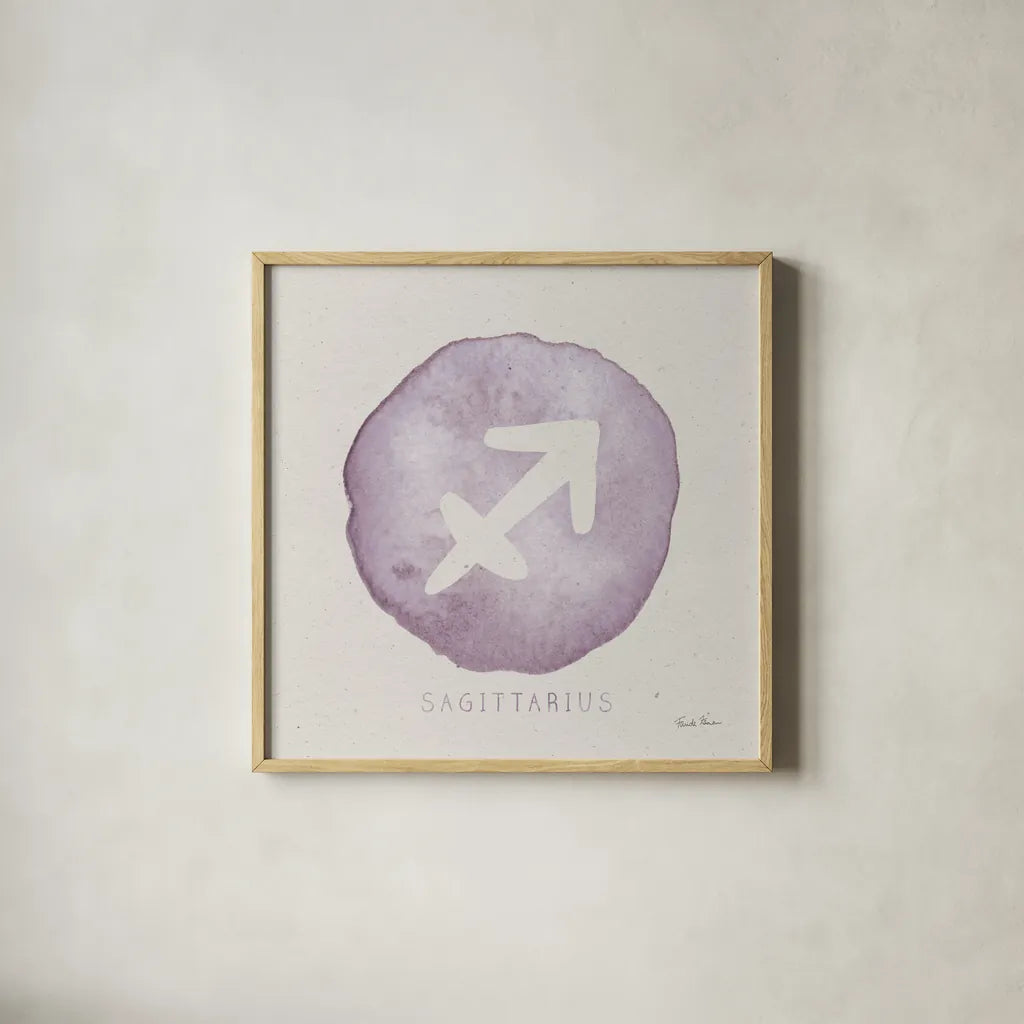 Mystic Zodiac IX by Farida Zaman. Shown in a natural wood glass frame for a timeless modern aesthetic. Available as an archival giclee rolled canvas, fine art paper, or poster print. SKU 73788a.