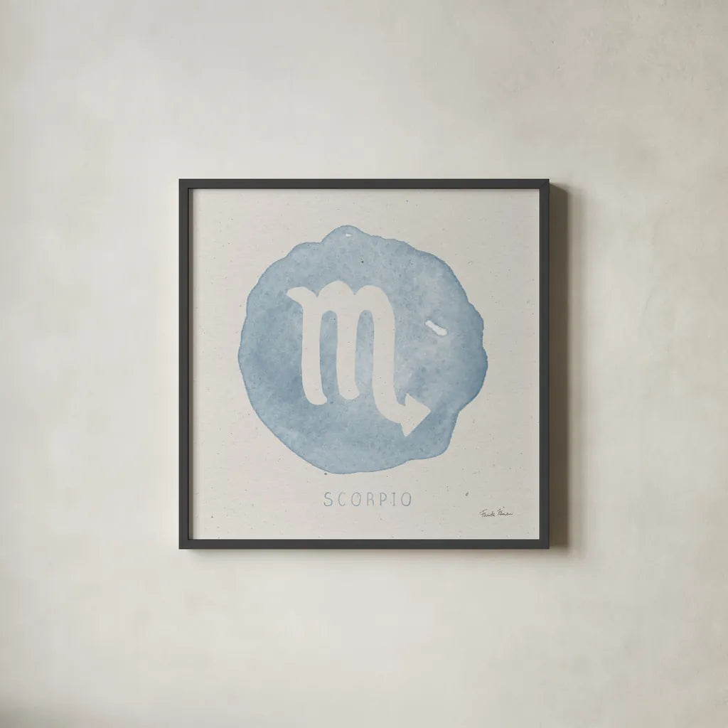 Mystic Zodiac VIII by Farida Zaman. Shown in a sleek black glass frame for a contemporary gallery look. Available as an archival giclee rolled canvas, fine art paper, or poster print. SKU 73787a.