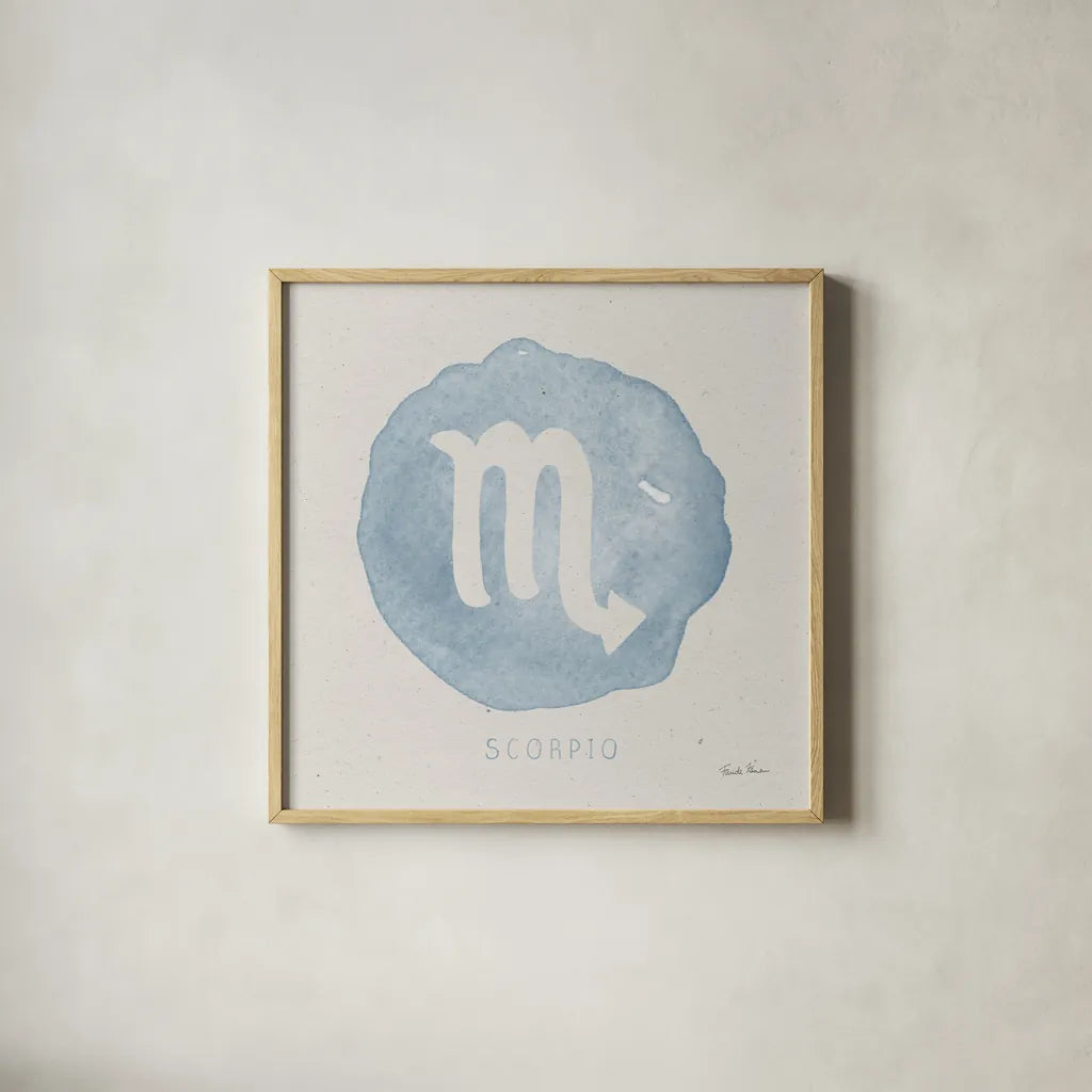 Mystic Zodiac VIII by Farida Zaman. Shown in a natural wood glass frame for a timeless modern aesthetic. Available as an archival giclee rolled canvas, fine art paper, or poster print. SKU 73787a.