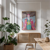 Mystical Woman I by Farida Zaman. shown as a print in a natural wood frame in a dining room. Available as a archival giclee rolled canvas, fine art paper, or poster print. SKU 91863h.