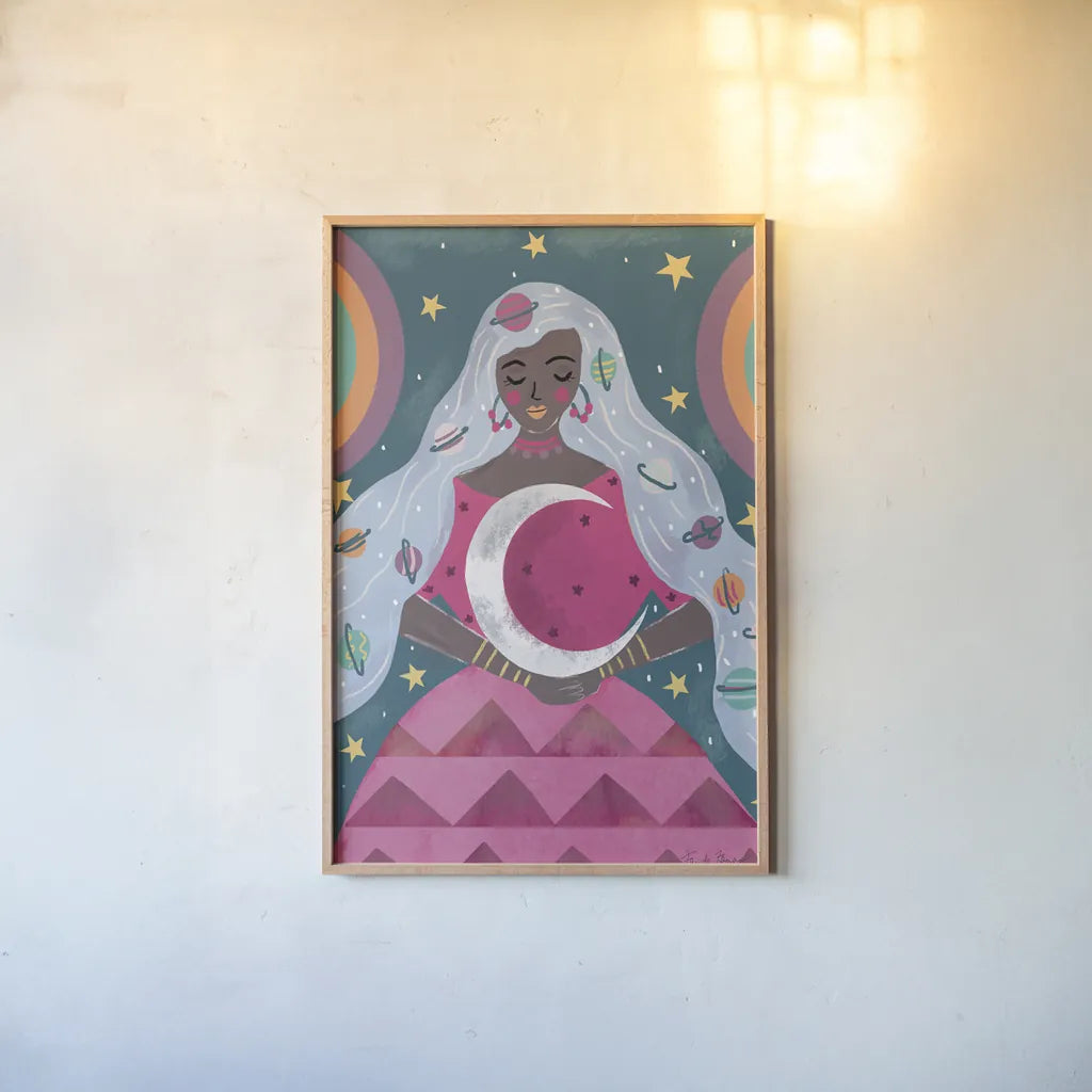Mystical Woman II by Farida Zaman. shown as a paper print in a natural frame. Available as a archival giclee rolled canvas, fine art paper, or poster print. SKU 91864h.