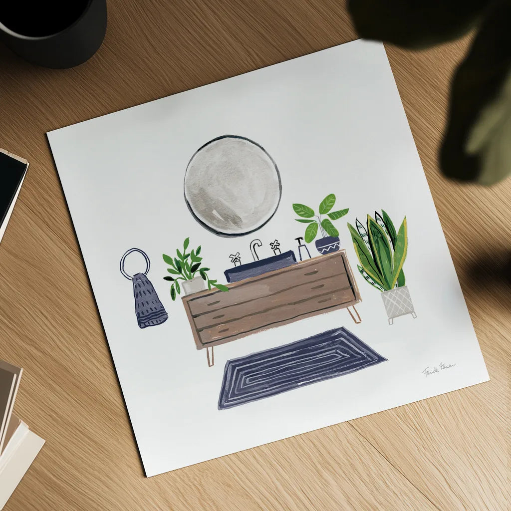 Navy Bathroom I by Farida Zaman. Shown as a detailed flat fine art print, highlighting archival giclee quality. Available as an archival giclee rolled canvas, fine art paper, or poster print. SKU 62308a.