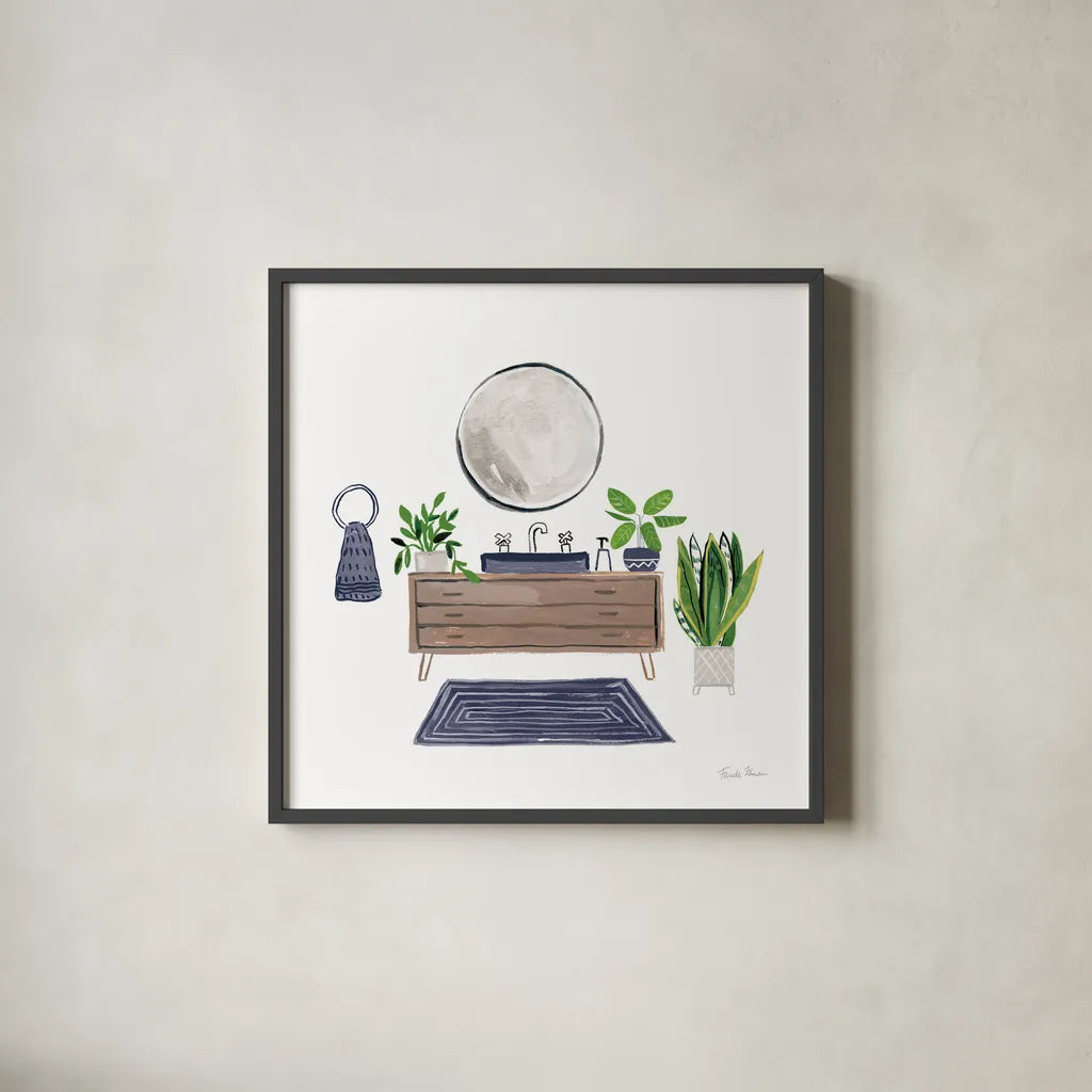 Navy Bathroom I by Farida Zaman. Shown in a sleek black glass frame for a contemporary gallery look. Available as an archival giclee rolled canvas, fine art paper, or poster print. SKU 62308a.