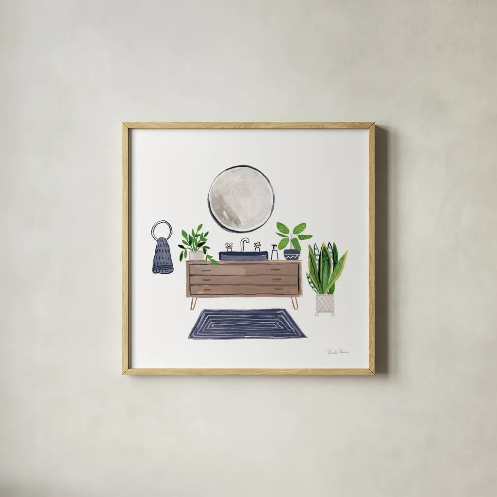 Navy Bathroom I by Farida Zaman. Shown in a natural wood glass frame for a timeless modern aesthetic. Available as an archival giclee rolled canvas, fine art paper, or poster print. SKU 62308a.