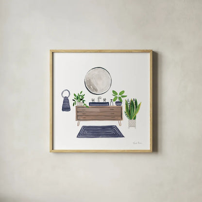 Navy Bathroom I by Farida Zaman. Shown in a natural wood glass frame for a timeless modern aesthetic. Available as an archival giclee rolled canvas, fine art paper, or poster print. SKU 62308a.