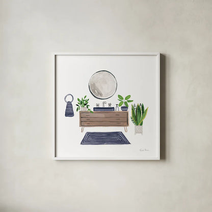 Navy Bathroom I by Farida Zaman. Shown in a crisp white glass frame for a clean and minimalist style. Available as an archival giclee rolled canvas, fine art paper, or poster print. SKU 62308a.