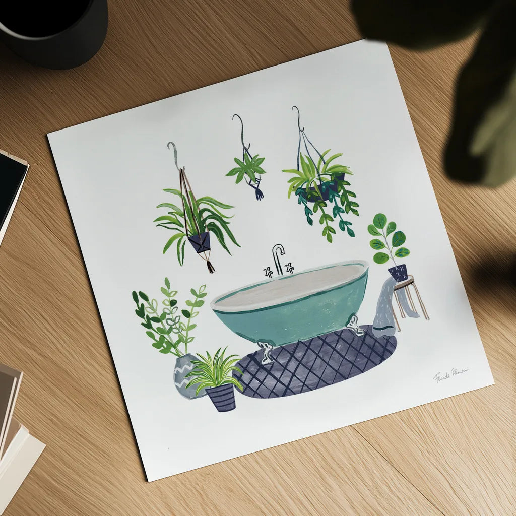 Navy Bathroom II by Farida Zaman. Shown as a detailed flat fine art print, highlighting archival giclee quality. Available as an archival giclee rolled canvas, fine art paper, or poster print. SKU 62309a.