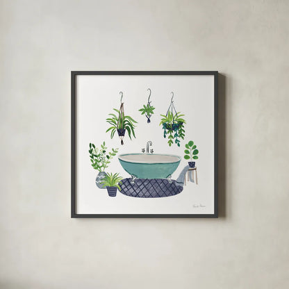 Navy Bathroom II by Farida Zaman. Shown in a sleek black glass frame for a contemporary gallery look. Available as an archival giclee rolled canvas, fine art paper, or poster print. SKU 62309a.