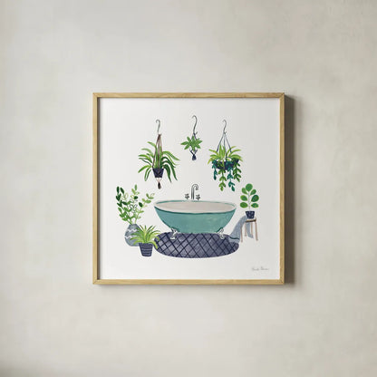 Navy Bathroom II by Farida Zaman. Shown in a natural wood glass frame for a timeless modern aesthetic. Available as an archival giclee rolled canvas, fine art paper, or poster print. SKU 62309a.