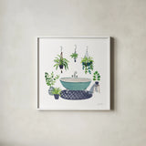 Navy Bathroom II by Farida Zaman. Shown in a crisp white glass frame for a clean and minimalist style. Available as an archival giclee rolled canvas, fine art paper, or poster print. SKU 62309a.