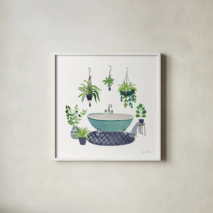 Navy Bathroom II by Farida Zaman. Shown in a crisp white glass frame for a clean and minimalist style. Available as an archival giclee rolled canvas, fine art paper, or poster print. SKU 62309a.