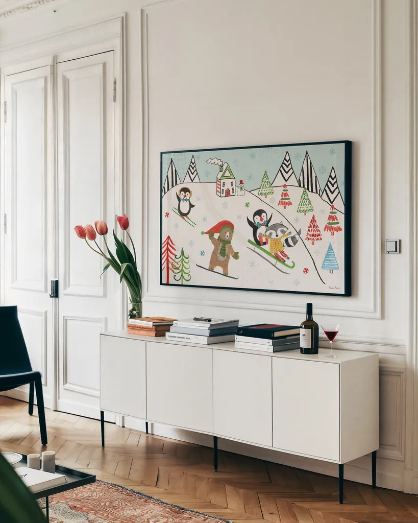 Neighborhood Holiday I by Farida Zaman. shown as a framed stretched canvas in a living room above a console. Available as a archival giclee rolled canvas, fine art paper, or poster print. SKU 60860i.