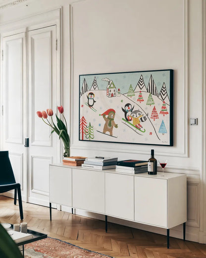 Neighborhood Holiday I by Farida Zaman. shown as a framed stretched canvas in a living room above a console. Available as a archival giclee rolled canvas, fine art paper, or poster print. SKU 60860i.
