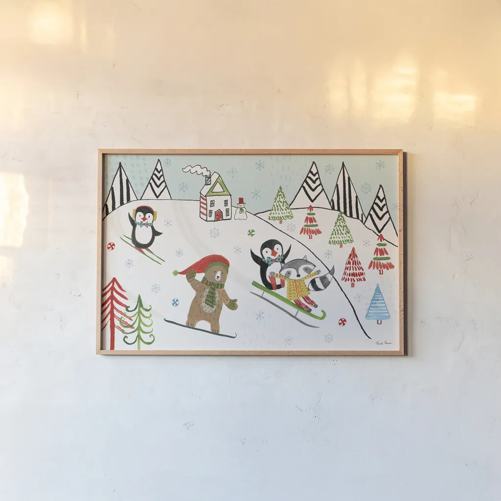 Neighborhood Holiday I by Farida Zaman. shown as a paper print in a natural frame. Available as a archival giclee rolled canvas, fine art paper, or poster print. SKU 60860i.