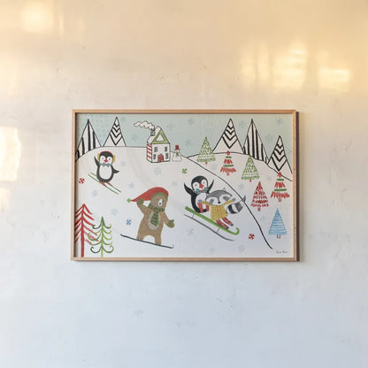 Neighborhood Holiday I by Farida Zaman. shown as a paper print in a natural frame. Available as a archival giclee rolled canvas, fine art paper, or poster print. SKU 60860i.