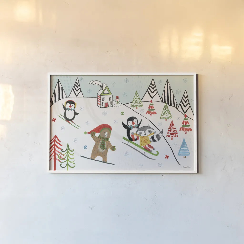 Neighborhood Holiday I by Farida Zaman. shown as a paper print in a white frame. Available as a archival giclee rolled canvas, fine art paper, or poster print. SKU 60860i.