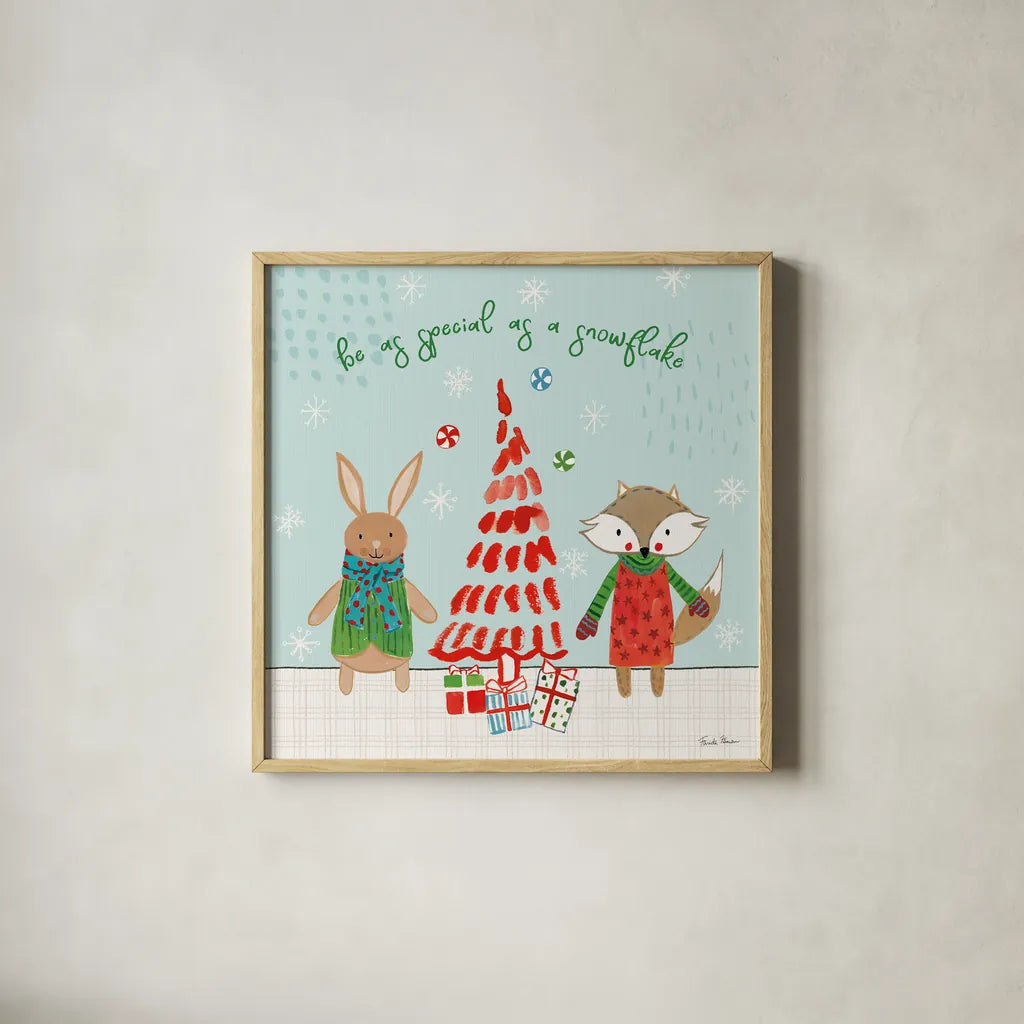 Neighborhood Holiday II by Farida Zaman. Shown in a natural wood glass frame for a timeless modern aesthetic. Available as an archival giclee rolled canvas, fine art paper, or poster print. SKU 60861a.