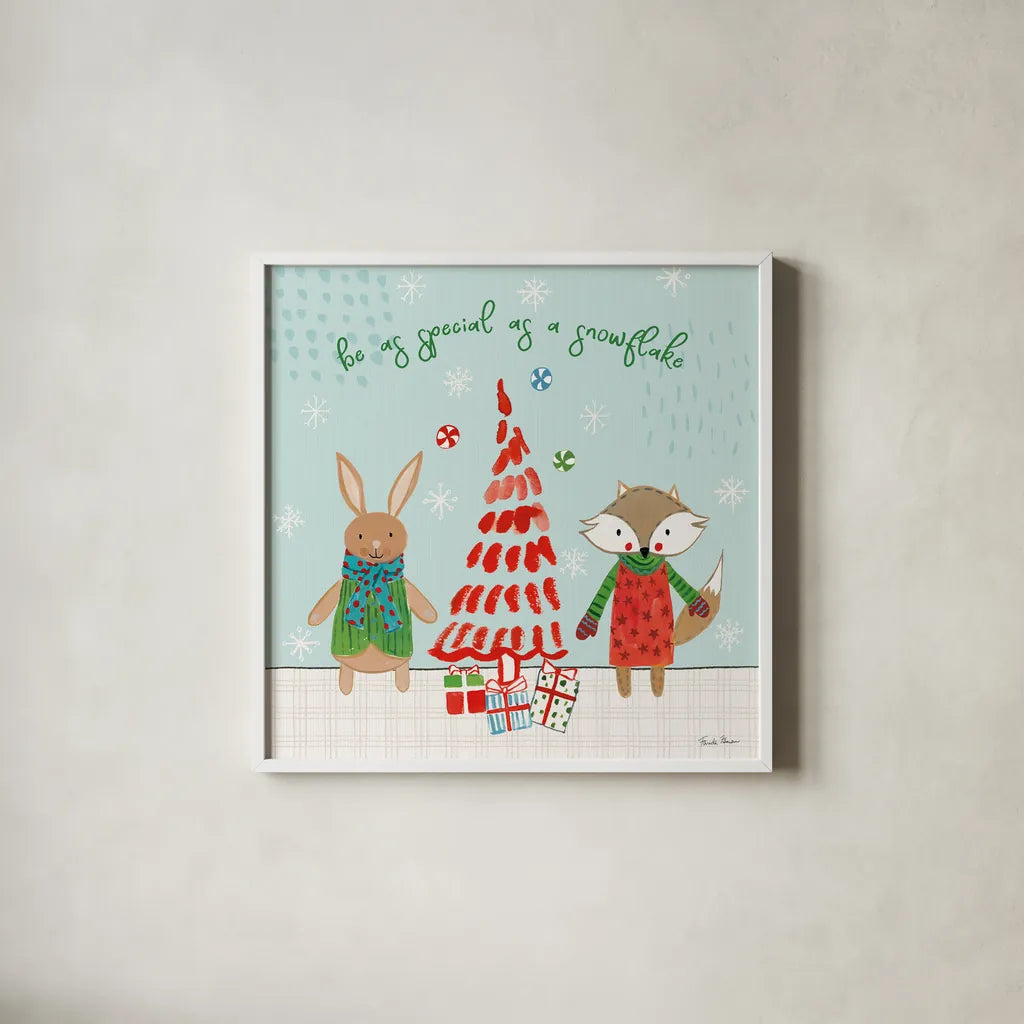 Neighborhood Holiday II by Farida Zaman. Shown in a crisp white glass frame for a clean and minimalist style. Available as an archival giclee rolled canvas, fine art paper, or poster print. SKU 60861a.