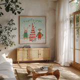 Neighborhood Holiday II by Farida Zaman. Shown in a natural wood frame in a cozy modern living room. Available as an archival giclee rolled canvas, fine art paper, or poster print. SKU 60861a.