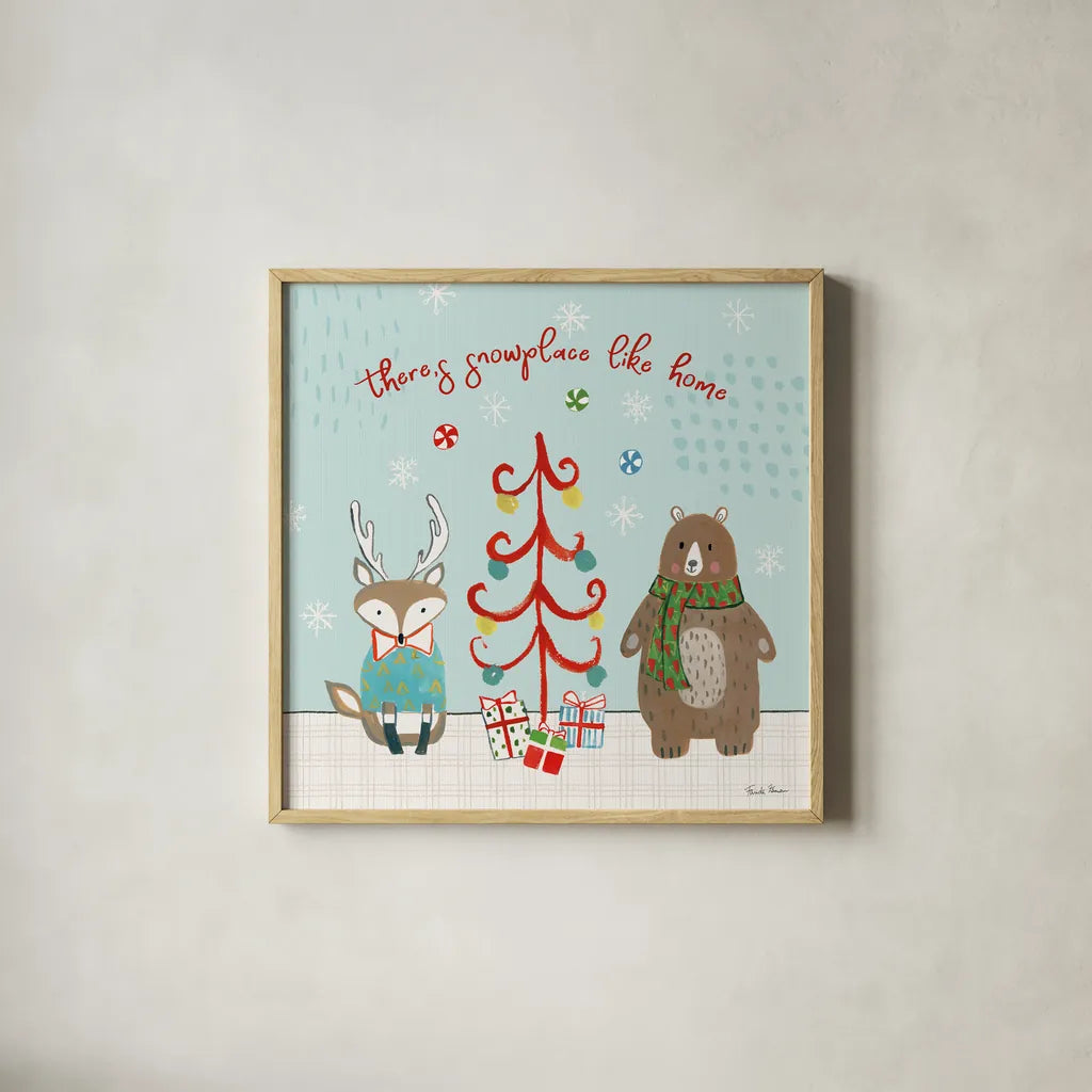 Neighborhood Holiday III by Farida Zaman. Shown in a natural wood glass frame for a timeless modern aesthetic. Available as an archival giclee rolled canvas, fine art paper, or poster print. SKU 60862a.