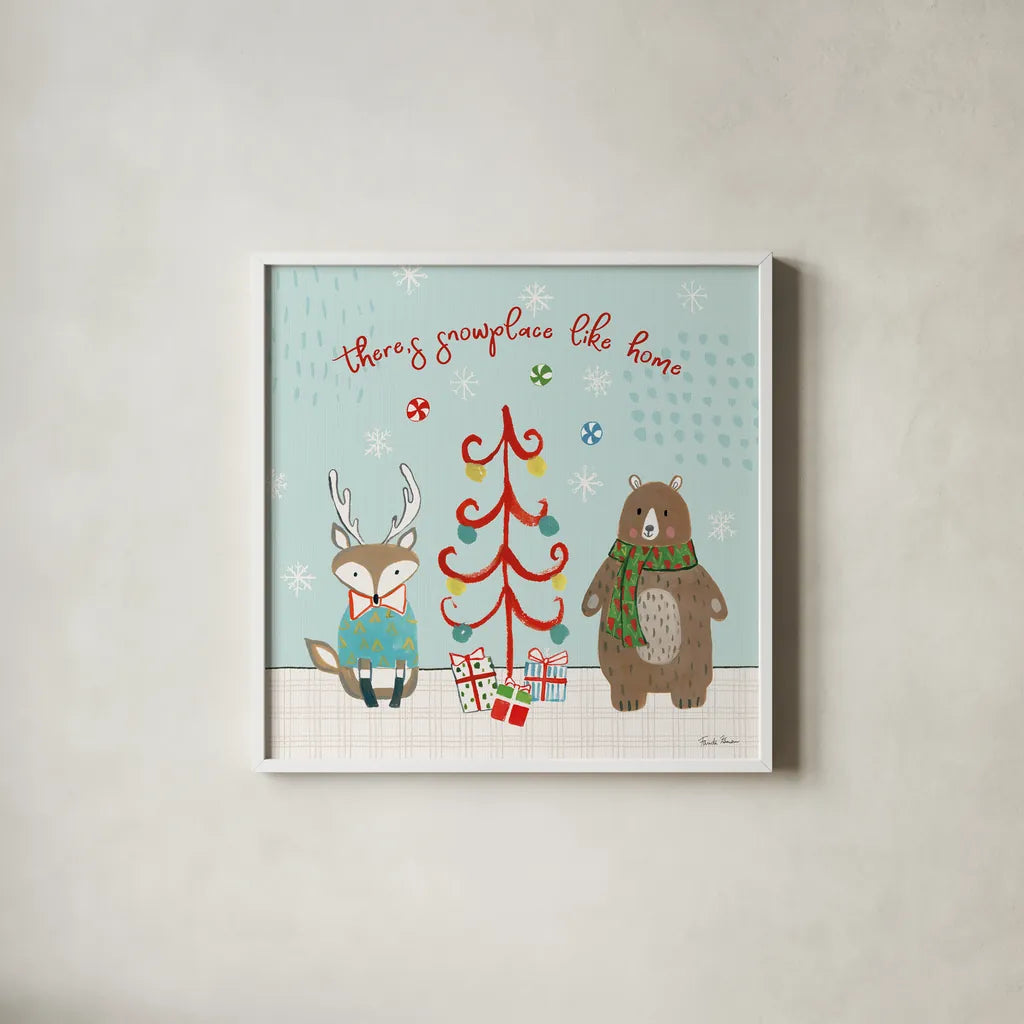 Neighborhood Holiday III by Farida Zaman. Shown in a crisp white glass frame for a clean and minimalist style. Available as an archival giclee rolled canvas, fine art paper, or poster print. SKU 60862a.