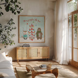 Neighborhood Holiday III by Farida Zaman. Shown in a natural wood frame in a cozy modern living room. Available as an archival giclee rolled canvas, fine art paper, or poster print. SKU 60862a.