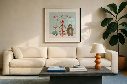 Neighborhood Holiday III by Farida Zaman. Displayed in a glass frame with matte in a clean modern living room. Available as an archival giclee rolled canvas, fine art paper, or poster print. SKU 60862a.
