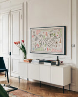 Neighborhood Holiday IV by Farida Zaman. shown as a framed stretched canvas in a living room above a console. Available as a archival giclee rolled canvas, fine art paper, or poster print. SKU 60863i.