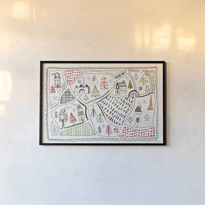 Neighborhood Holiday IV by Farida Zaman. shown as a paper print in a black flame. Available as a archival giclee rolled canvas, fine art paper, or poster print. SKU 60863i.