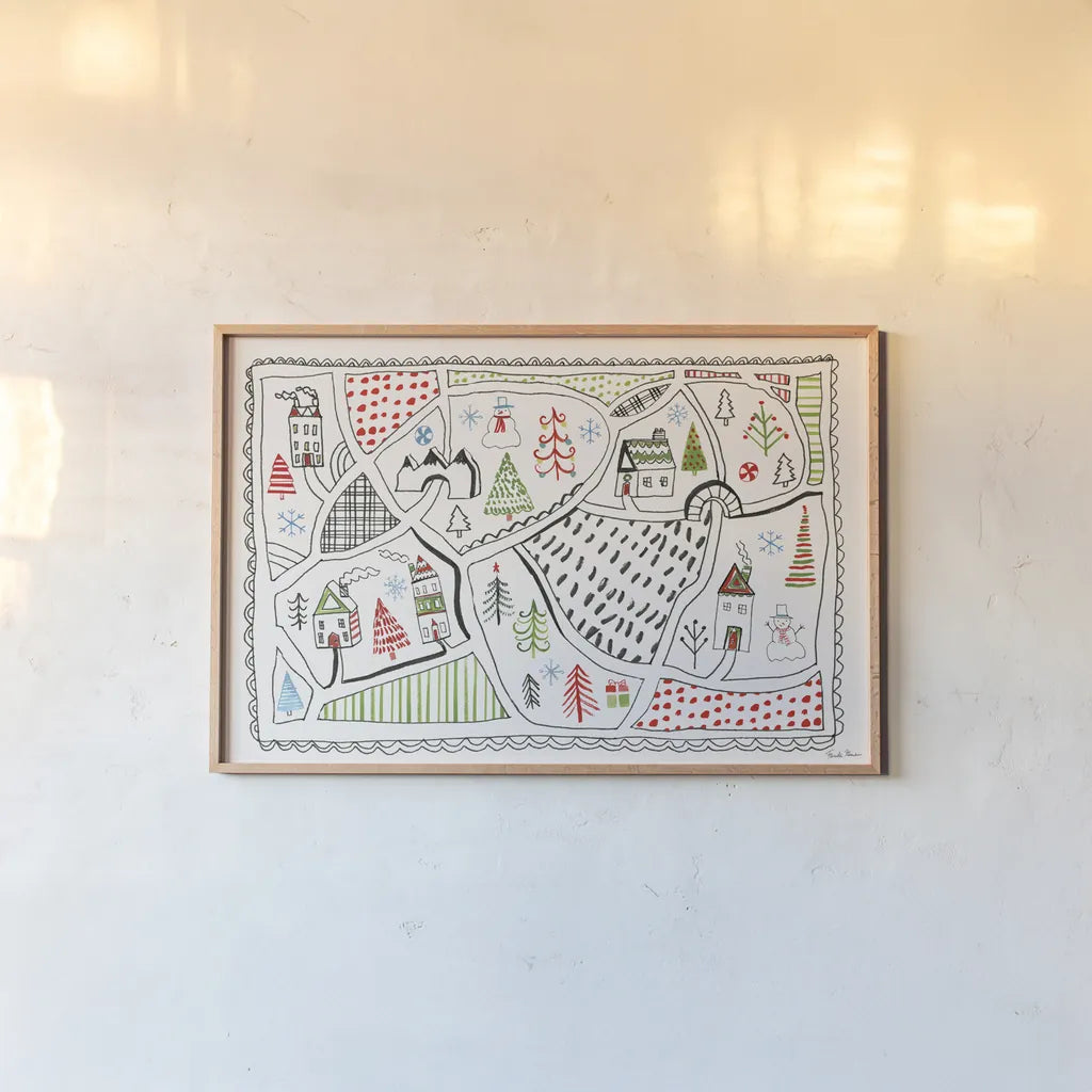 Neighborhood Holiday IV by Farida Zaman. shown as a paper print in a natural frame. Available as a archival giclee rolled canvas, fine art paper, or poster print. SKU 60863i.