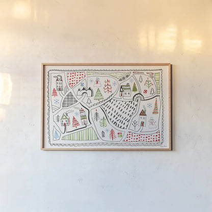 Neighborhood Holiday IV by Farida Zaman. shown as a paper print in a natural frame. Available as a archival giclee rolled canvas, fine art paper, or poster print. SKU 60863i.