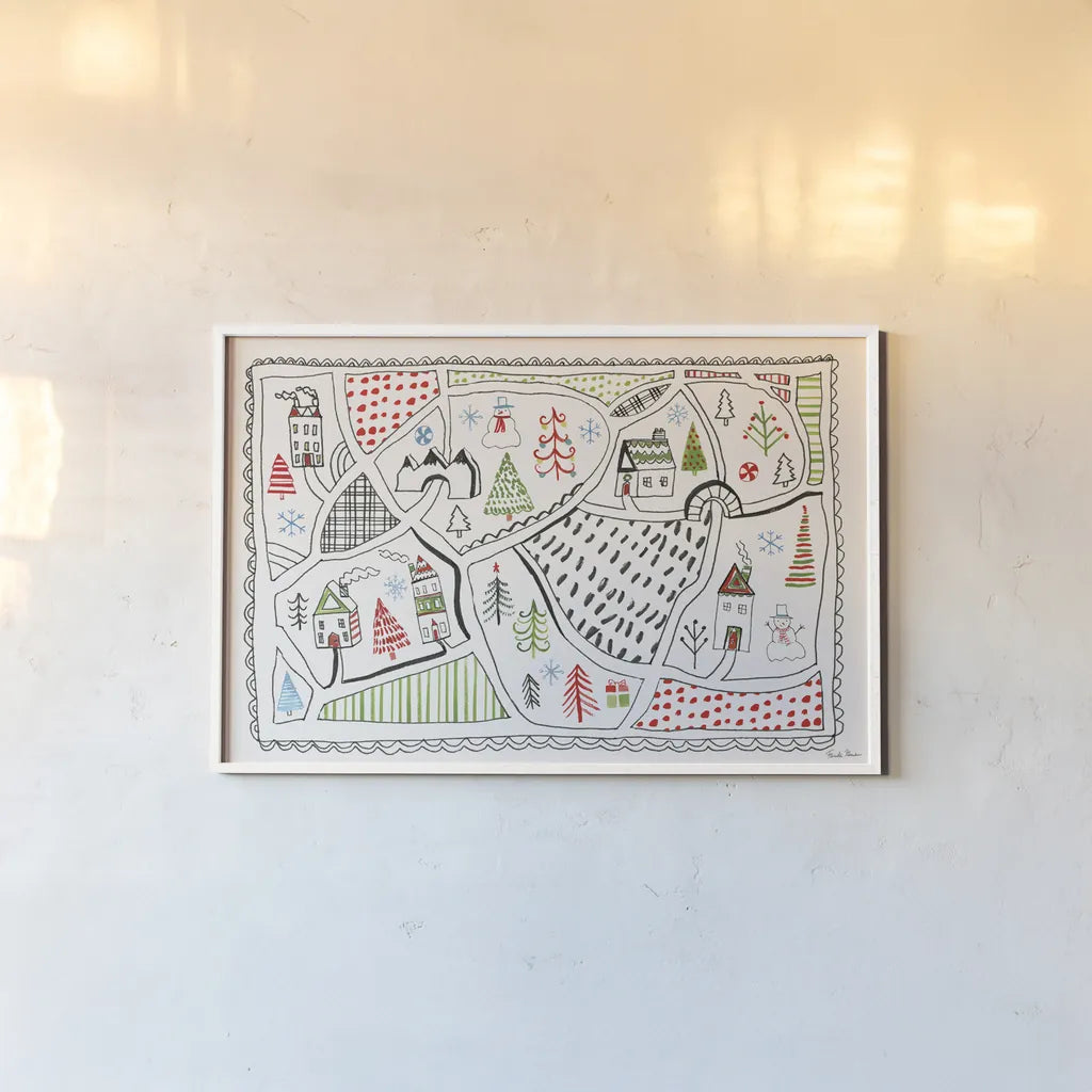 Neighborhood Holiday IV by Farida Zaman. shown as a paper print in a white frame. Available as a archival giclee rolled canvas, fine art paper, or poster print. SKU 60863i.