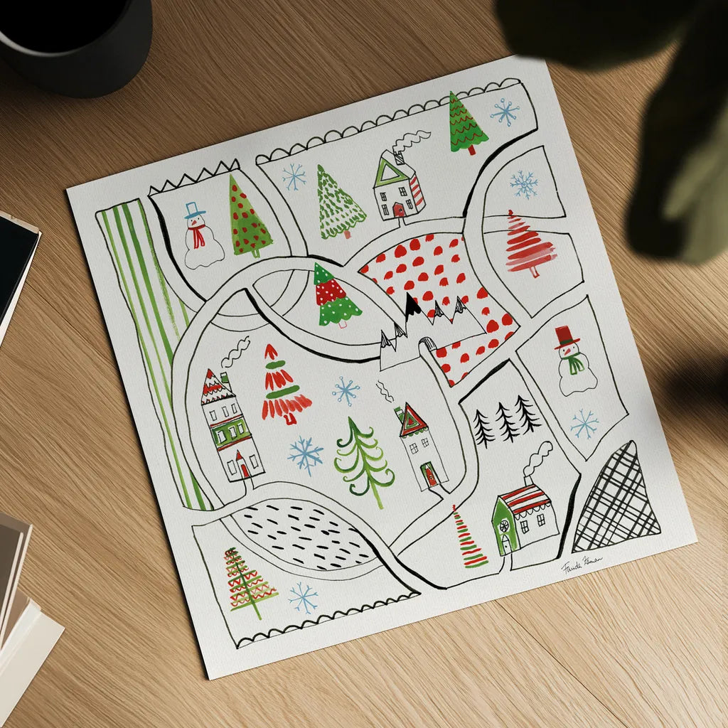 Neighborhood Holiday V by Farida Zaman. Shown as a detailed flat fine art print, highlighting archival giclee quality. Available as an archival giclee rolled canvas, fine art paper, or poster print. SKU 60864a.