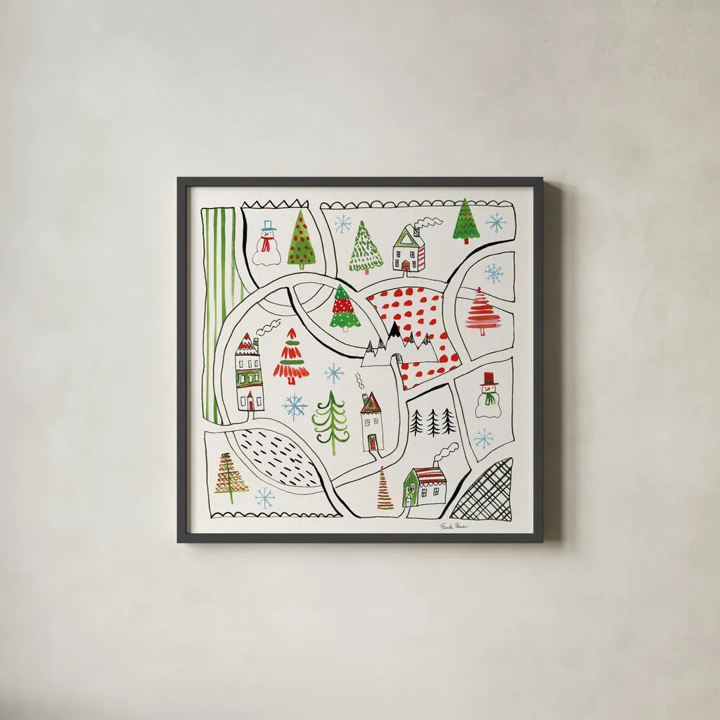 Neighborhood Holiday V by Farida Zaman. Shown in a sleek black glass frame for a contemporary gallery look. Available as an archival giclee rolled canvas, fine art paper, or poster print. SKU 60864a.