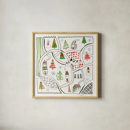 Neighborhood Holiday V by Farida Zaman. Shown in a natural wood glass frame for a timeless modern aesthetic. Available as an archival giclee rolled canvas, fine art paper, or poster print. SKU 60864a.