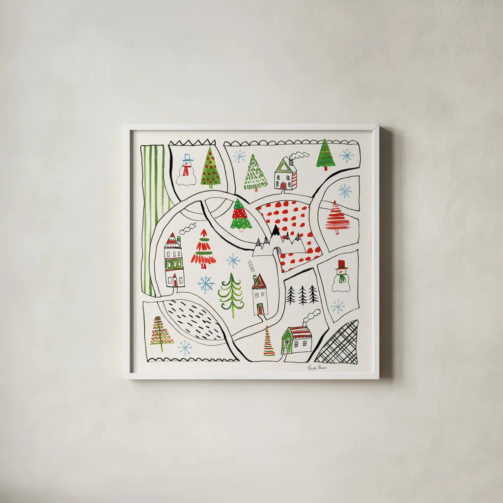 Neighborhood Holiday V by Farida Zaman. Shown in a crisp white glass frame for a clean and minimalist style. Available as an archival giclee rolled canvas, fine art paper, or poster print. SKU 60864a.