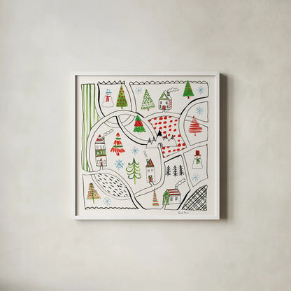 Neighborhood Holiday V by Farida Zaman. Shown in a crisp white glass frame for a clean and minimalist style. Available as an archival giclee rolled canvas, fine art paper, or poster print. SKU 60864a.