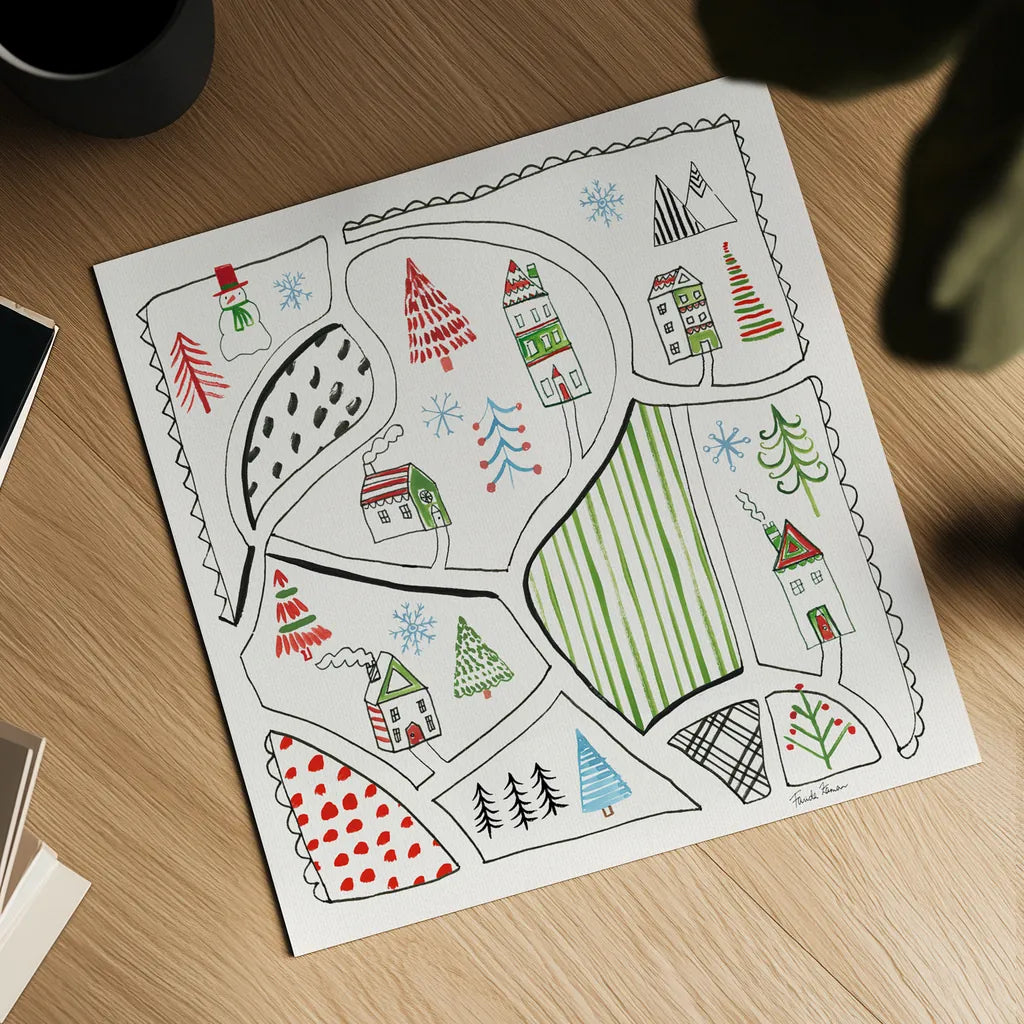 Neighborhood Holiday VI by Farida Zaman. Shown as a detailed flat fine art print, highlighting archival giclee quality. Available as an archival giclee rolled canvas, fine art paper, or poster print. SKU 60865a.