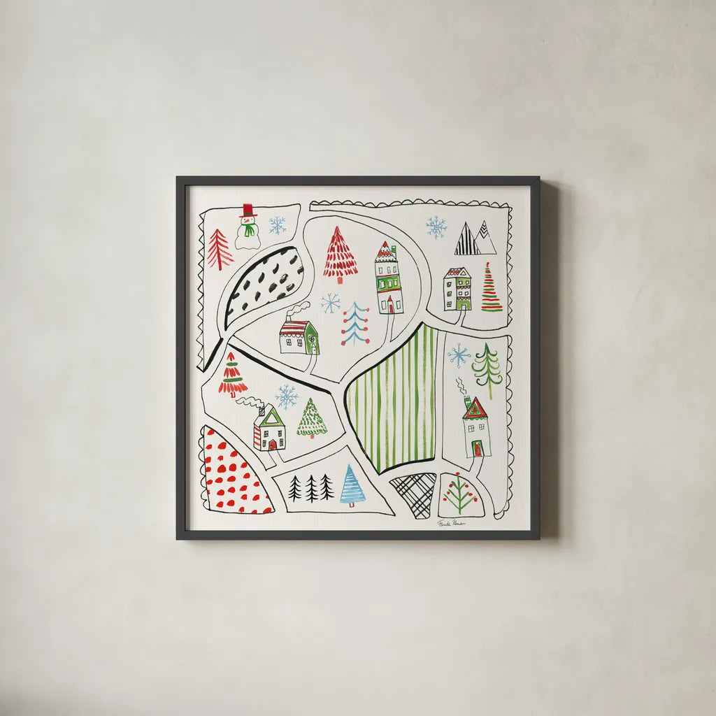 Neighborhood Holiday VI by Farida Zaman. Shown in a sleek black glass frame for a contemporary gallery look. Available as an archival giclee rolled canvas, fine art paper, or poster print. SKU 60865a.