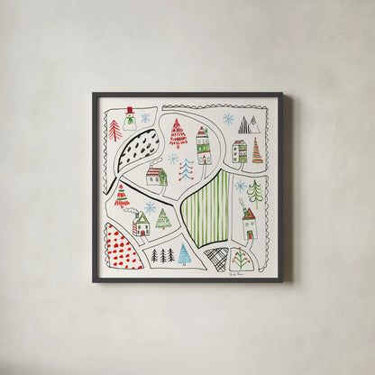Neighborhood Holiday VI by Farida Zaman. Shown in a sleek black glass frame for a contemporary gallery look. Available as an archival giclee rolled canvas, fine art paper, or poster print. SKU 60865a.