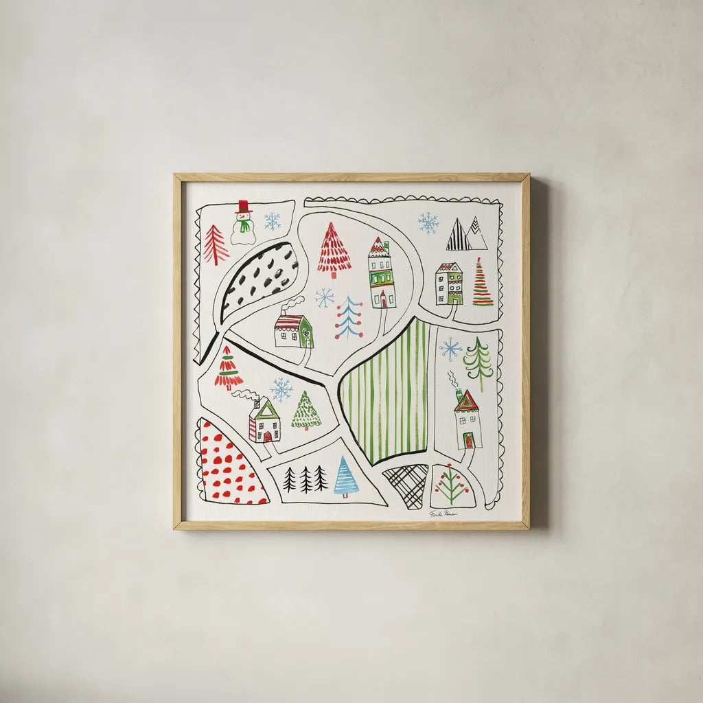 Neighborhood Holiday VI by Farida Zaman. Shown in a natural wood glass frame for a timeless modern aesthetic. Available as an archival giclee rolled canvas, fine art paper, or poster print. SKU 60865a.