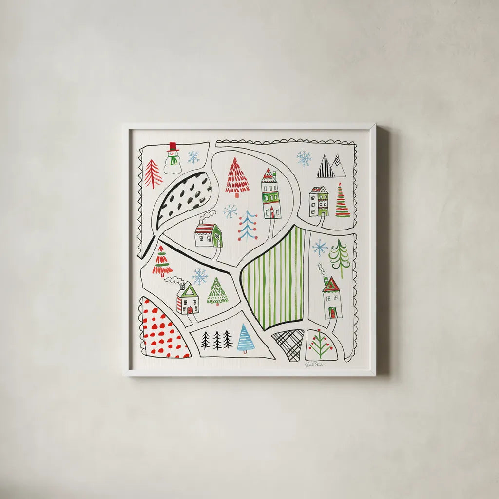 Neighborhood Holiday VI by Farida Zaman. Shown in a crisp white glass frame for a clean and minimalist style. Available as an archival giclee rolled canvas, fine art paper, or poster print. SKU 60865a.