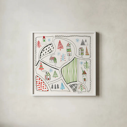 Neighborhood Holiday VI by Farida Zaman. Shown in a crisp white glass frame for a clean and minimalist style. Available as an archival giclee rolled canvas, fine art paper, or poster print. SKU 60865a.