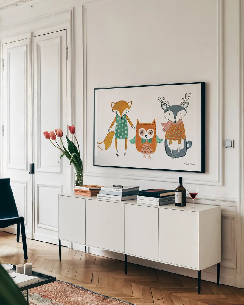 Neighborhood Pals XI by Farida Zaman. shown as a framed stretched canvas in a living room above a console. Available as a archival giclee rolled canvas, fine art paper, or poster print. SKU 51076i.