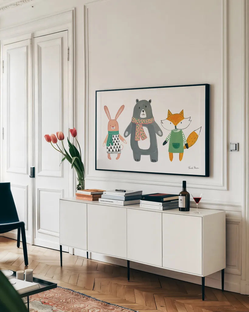 Neighborhood Pals XII by Farida Zaman. shown as a framed stretched canvas in a living room above a console. Available as a archival giclee rolled canvas, fine art paper, or poster print. SKU 51077i.