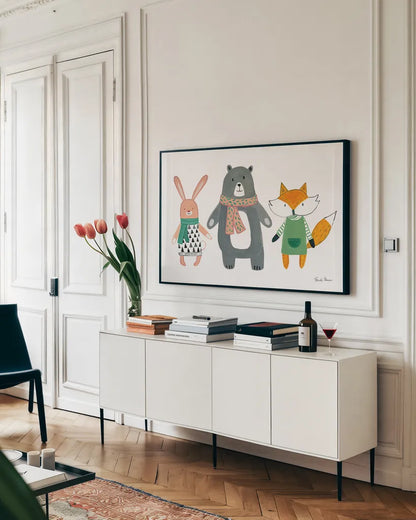 Neighborhood Pals XII by Farida Zaman. shown as a framed stretched canvas in a living room above a console. Available as a archival giclee rolled canvas, fine art paper, or poster print. SKU 51077i.