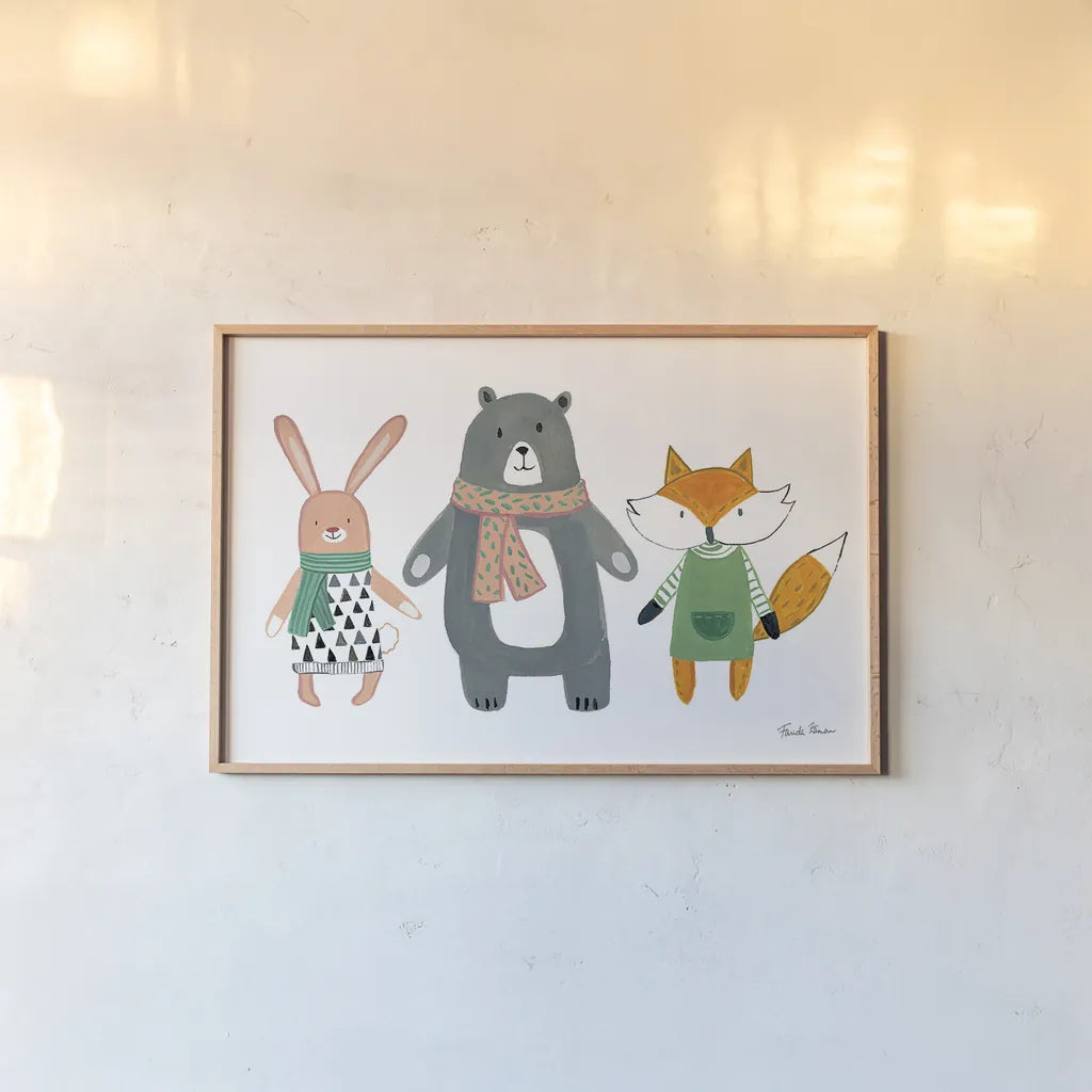 Neighborhood Pals XII by Farida Zaman. shown as a paper print in a natural frame. Available as a archival giclee rolled canvas, fine art paper, or poster print. SKU 51077i.
